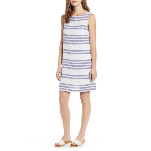 BeachLunchLounge Alina Stripe Linen Blend Shift Dress Beach Sky Blue Size XS - Picture 1 of 8